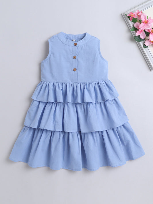 Cotton Sleeveless Solid Layered Dress - Blue