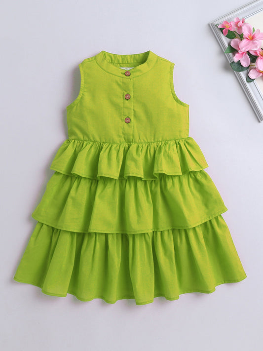 Cotton Sleeveless Solid Layered Dress - Green