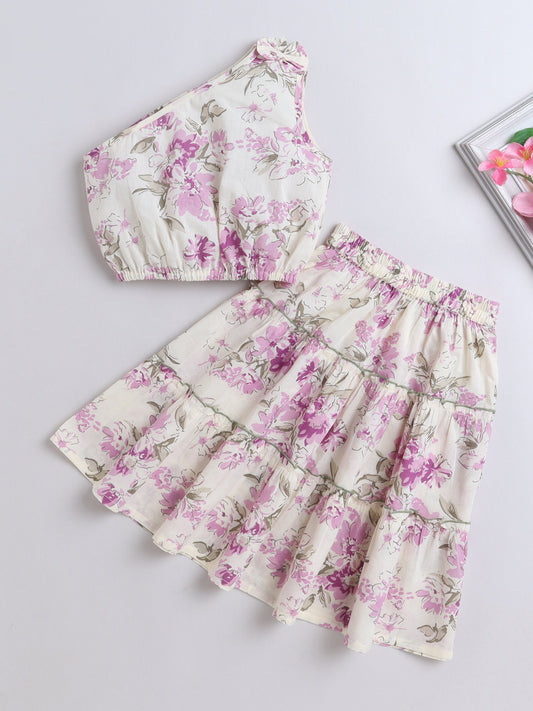 - Cotton One Shoulder Floral Printed Top With Tiered Skirt - Purple