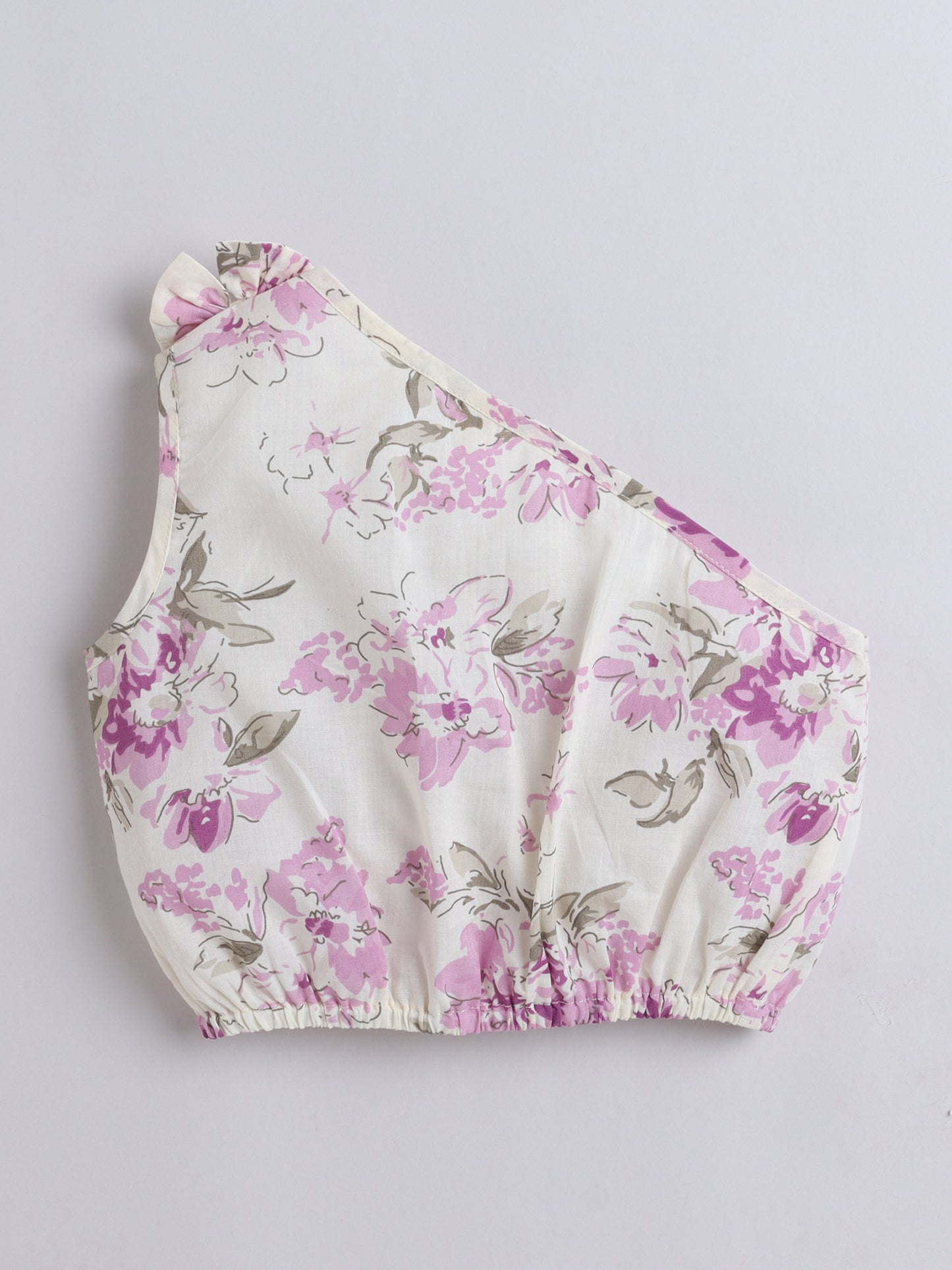 - Cotton One Shoulder Floral Printed Top With Tiered Skirt - Purple