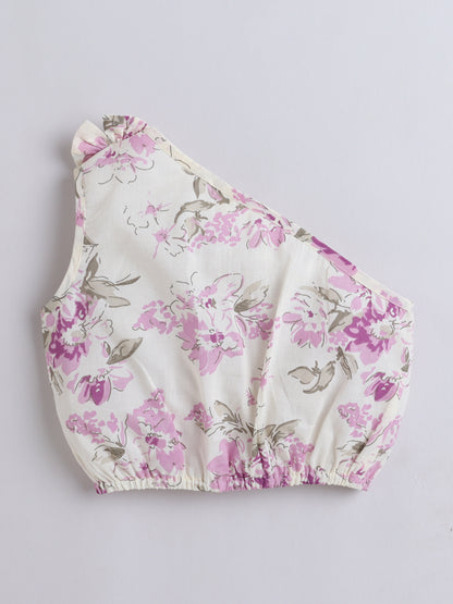 - Cotton One Shoulder Floral Printed Top With Tiered Skirt - Purple