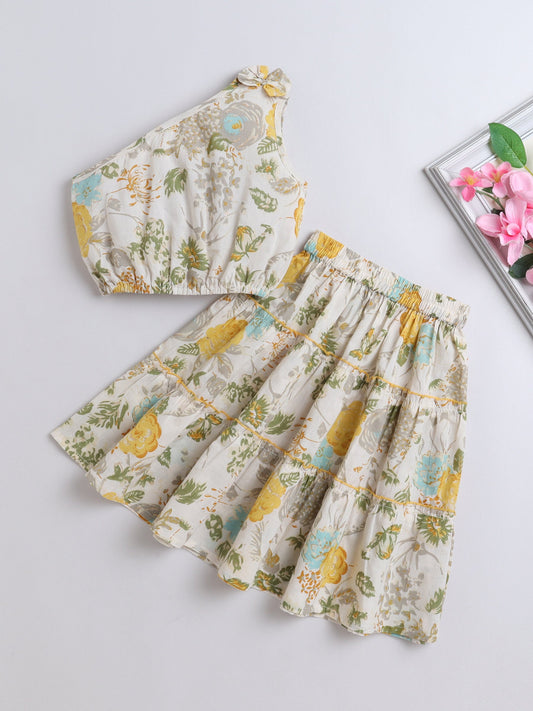 Cotton One Shoulder Floral Printed Top With Tiered Skirt - Yellow