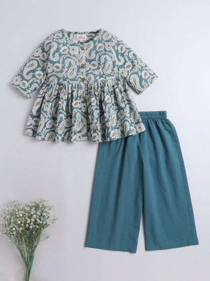 - Three Fourth Sleeves Floral Printed Gathered Kurta & Palazzo Set- Teal Blue
