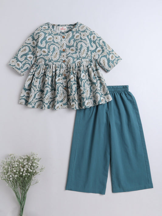 - Three Fourth Sleeves Floral Printed Gathered Kurta & Palazzo Set- Teal Blue