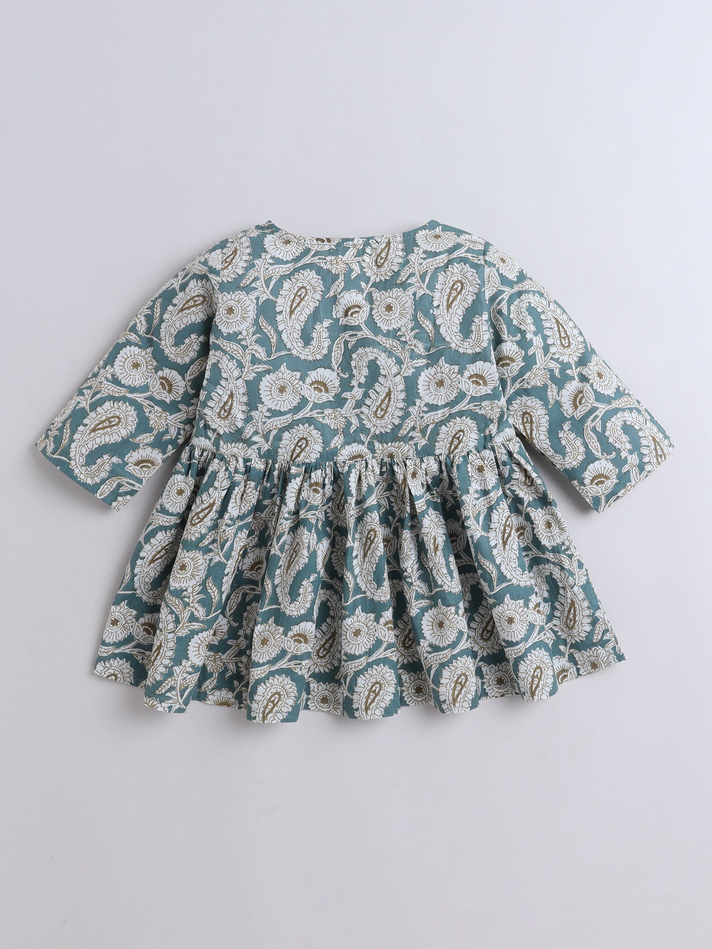 - Three Fourth Sleeves Floral Printed Gathered Kurta & Palazzo Set- Teal Blue
