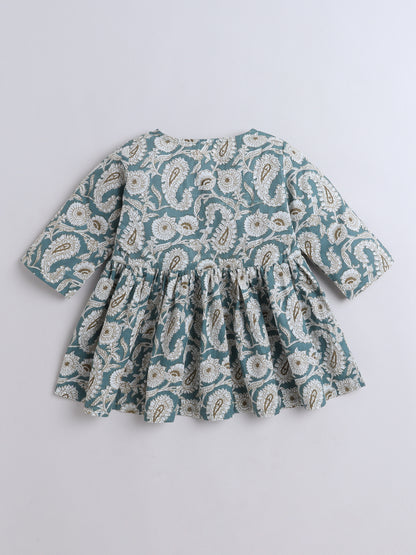 - Three Fourth Sleeves Floral Printed Gathered Kurta & Palazzo Set- Teal Blue