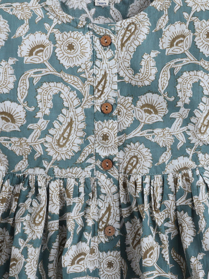 - Three Fourth Sleeves Floral Printed Gathered Kurta & Palazzo Set- Teal Blue