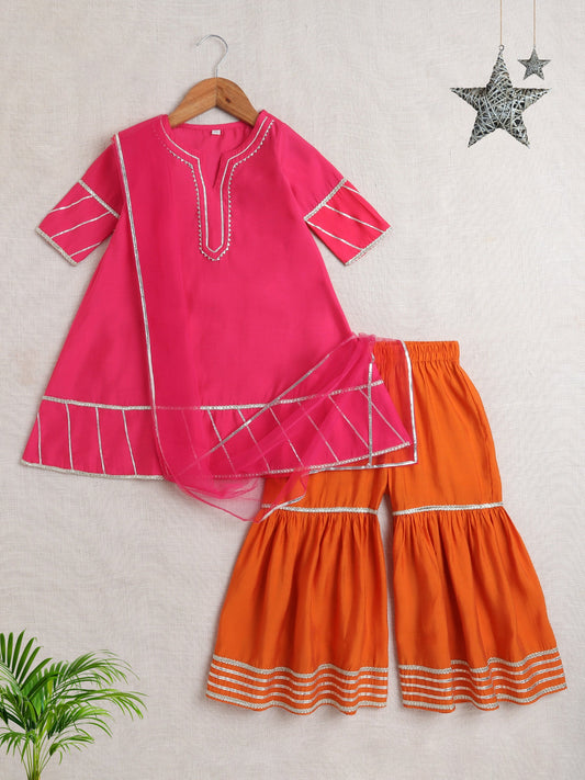 - Three Fourth Sleeves Lace Embellished Kurta And Sharara Set With Dupatta- Fuchsia