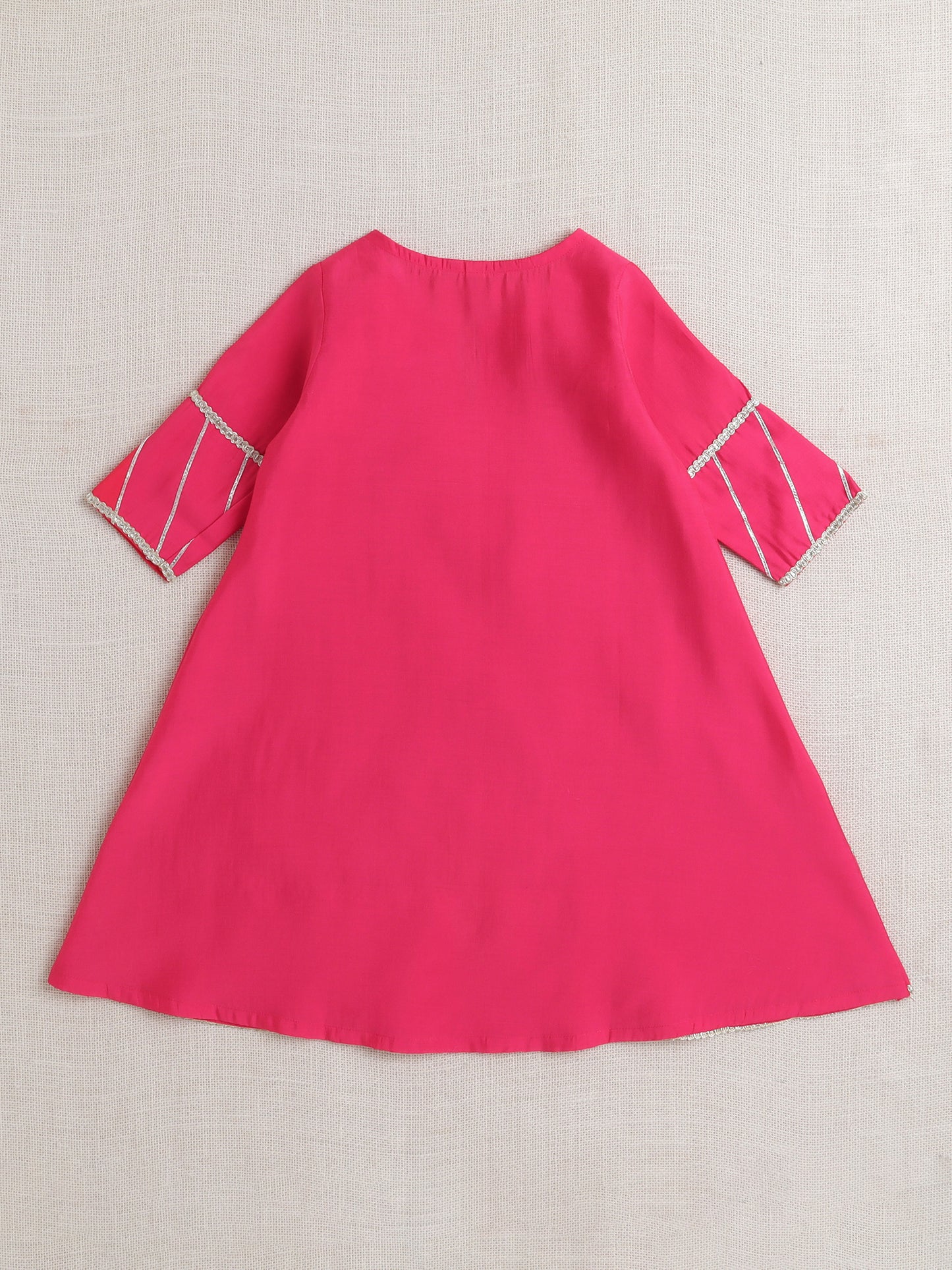- Three Fourth Sleeves Lace Embellished Kurta And Sharara Set With Dupatta- Fuchsia