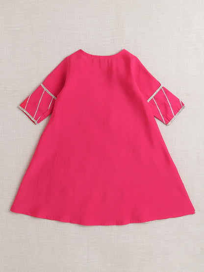- Three Fourth Sleeves Lace Embellished Kurta And Sharara Set With Dupatta- Fuchsia