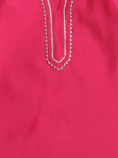 - Three Fourth Sleeves Lace Embellished Kurta And Sharara Set With Dupatta- Fuchsia