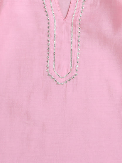 - Three Fourth Sleeves Lace Embellished Kurta And Sharara Set With Dupatta- Pink