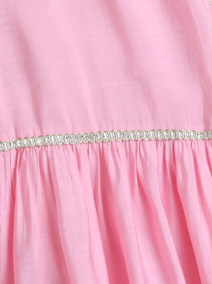 - Three Fourth Sleeves Lace Embellished Kurta And Sharara Set With Dupatta- Pink