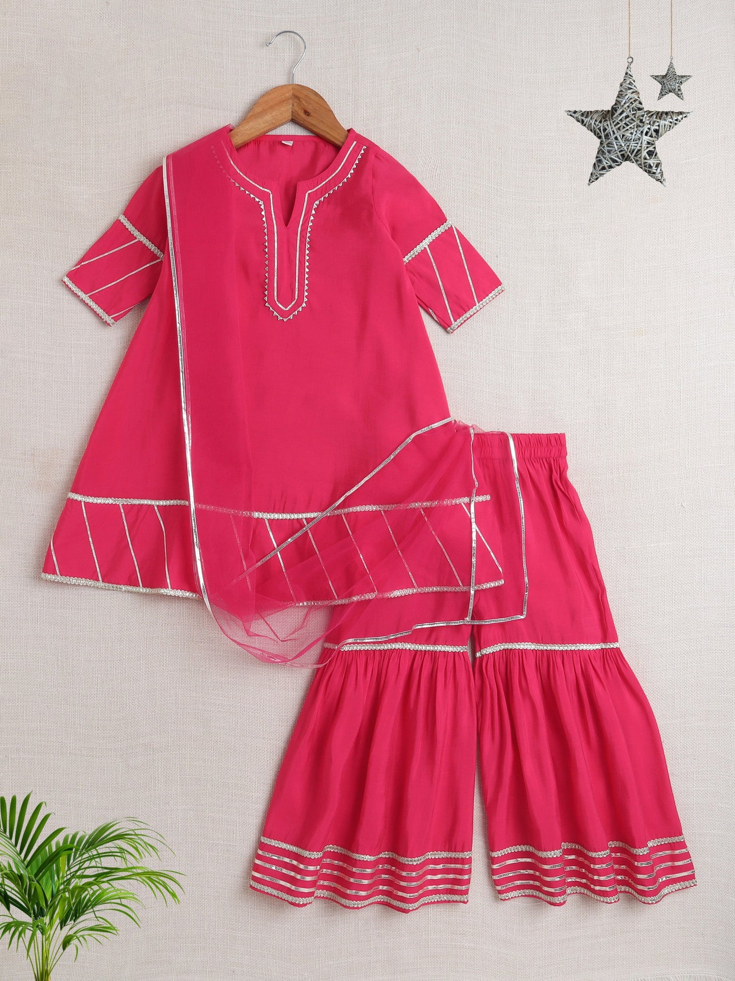 The Magic Wand Three Fourth Sleeves Lace Embellished Kurta And Sharara Set With Dupatta- Fuchsia
