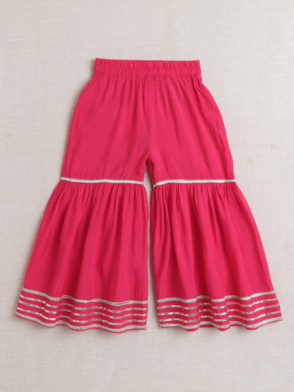 The Magic Wand Three Fourth Sleeves Lace Embellished Kurta And Sharara Set With Dupatta- Fuchsia