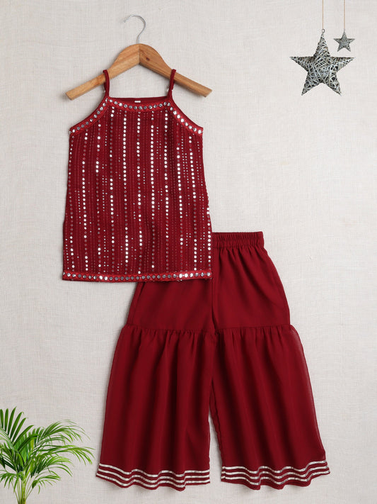  Singlet Sequins Embellished Kurta and Sharara Set - Maroon