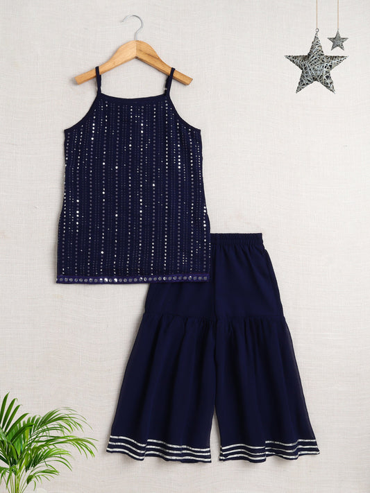 The Magic Wand Singlet Sequins Embellished Kurta and Sharara Set - Navy Blue