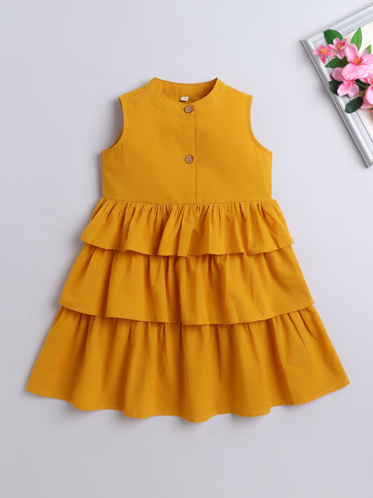 The Magic Wand Sleeveless Solid Tiered Frill Cotton Dress Mustard