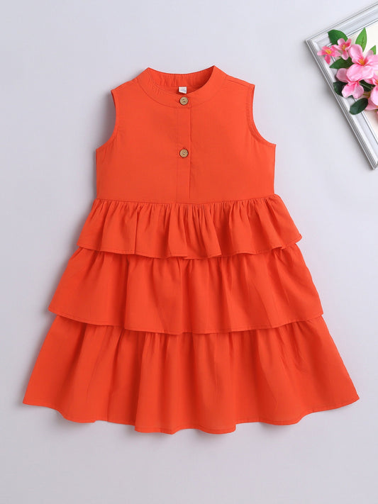 The Magic Wand Sleeveless Solid Tiered Frill Cotton Dress- Orange