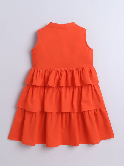 The Magic Wand Sleeveless Solid Tiered Frill Cotton Dress- Orange