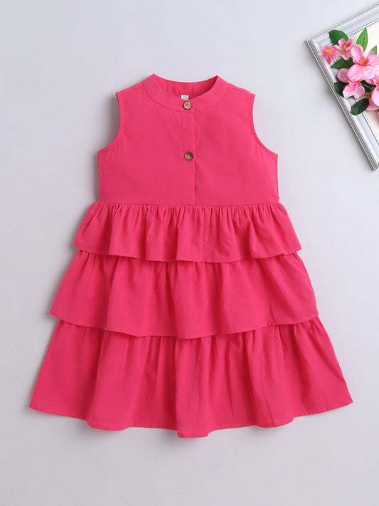 The Magic Wand Sleeveless Solid Tiered Frill Cotton Dress Pink