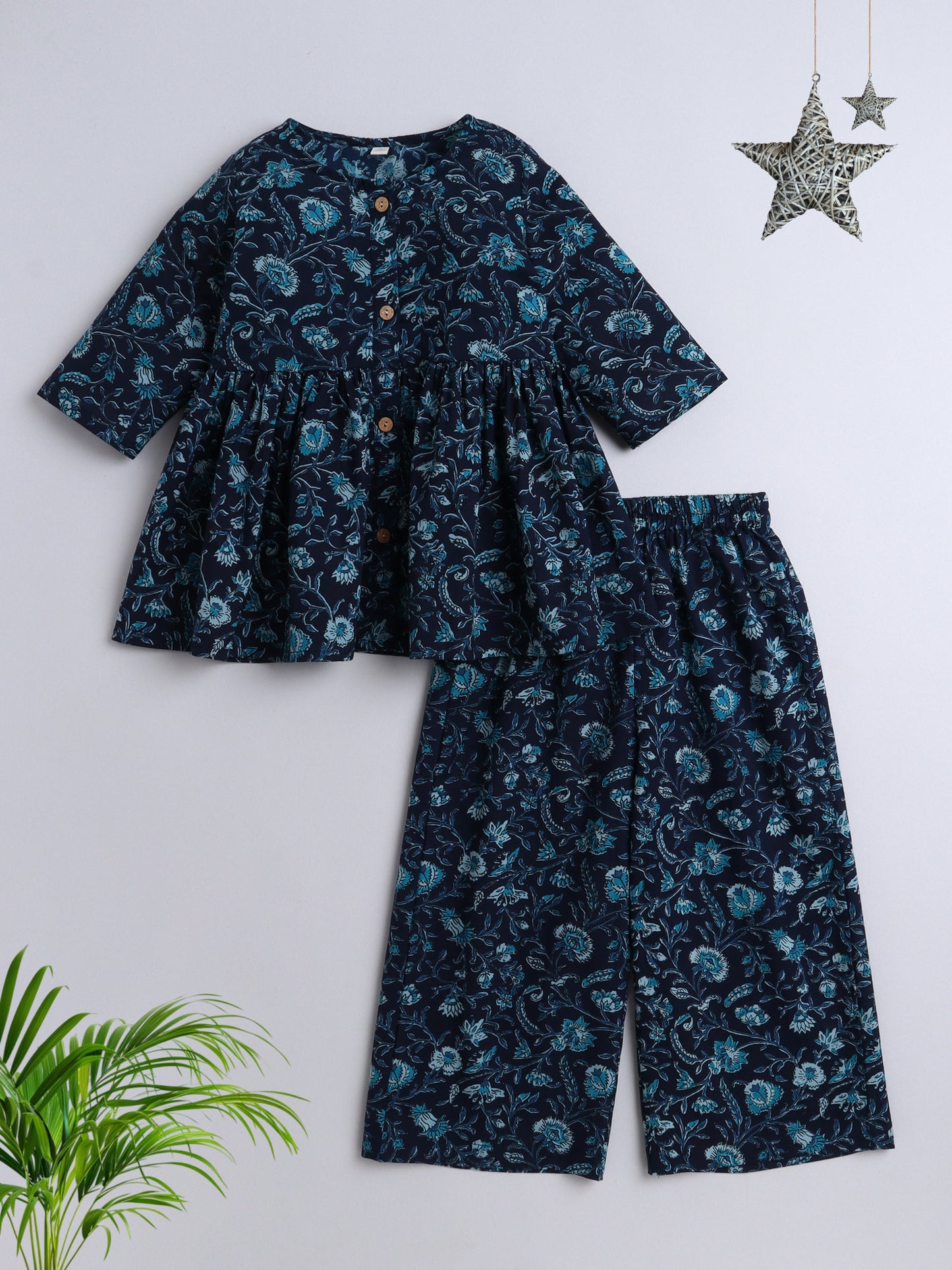 The Magic Wand Cotton Three Fourth Sleeves Floral Printed Top & Pant Set-Navy Blue