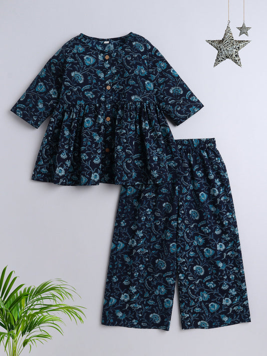 The Magic Wand Cotton Three Fourth Sleeves Floral Printed Top & Pant Set-Navy Blue