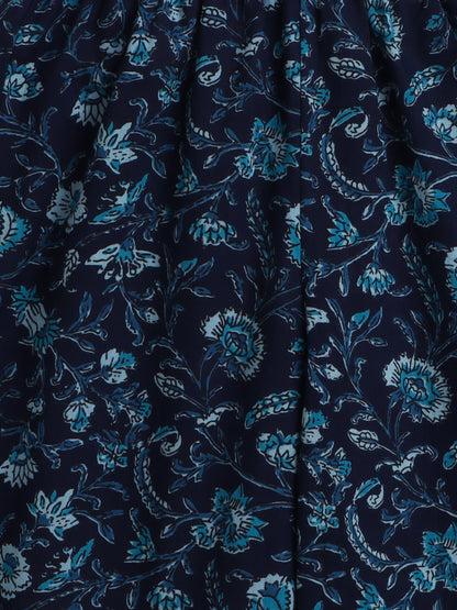 The Magic Wand Cotton Three Fourth Sleeves Floral Printed Top & Pant Set-Navy Blue