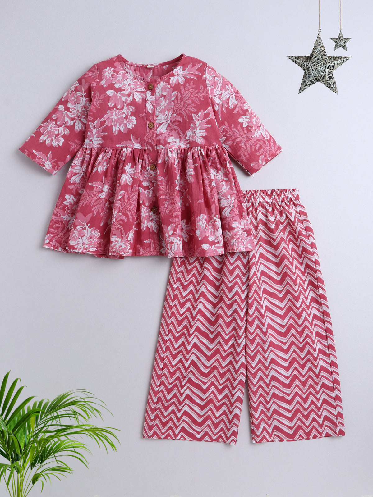 The Magic Wand Cotton Three Fourth Sleeves All Over Printed Top & Pant Set For Girls - Pink