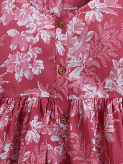 The Magic Wand Cotton Three Fourth Sleeves All Over Printed Top & Pant Set For Girls - Pink
