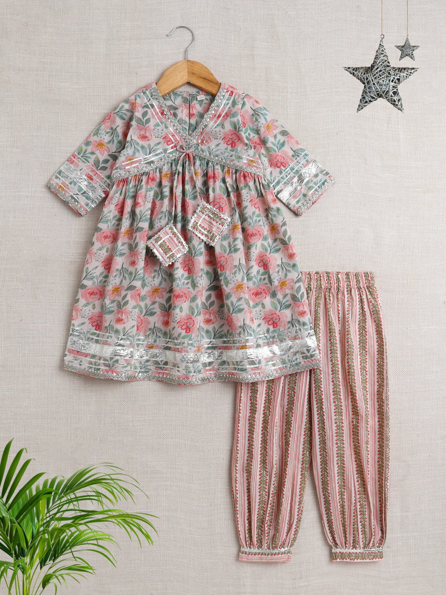 The Magic Wand Elbow Sleeves Floral Printed Aliya cut Kurta & Salwar Set-Peach