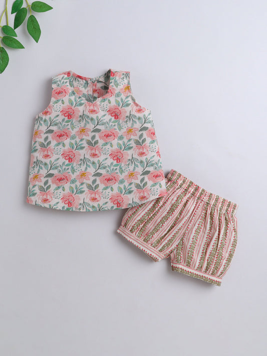 The Magic Wand Cotton Sleeveless All Over Printed Top & Shorts Set-Peach