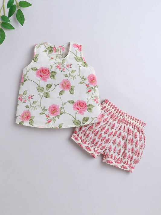 The Magic Wand Cotton Sleeveless Floral Printed Top & Shorts Set-Off White