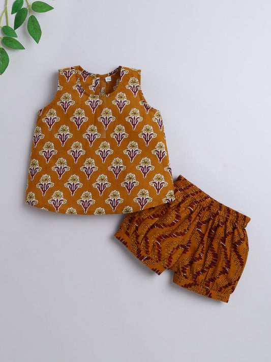 The Magic Wand Cotton Sleeveless All Over Printed Top & Shorts Set-Brown