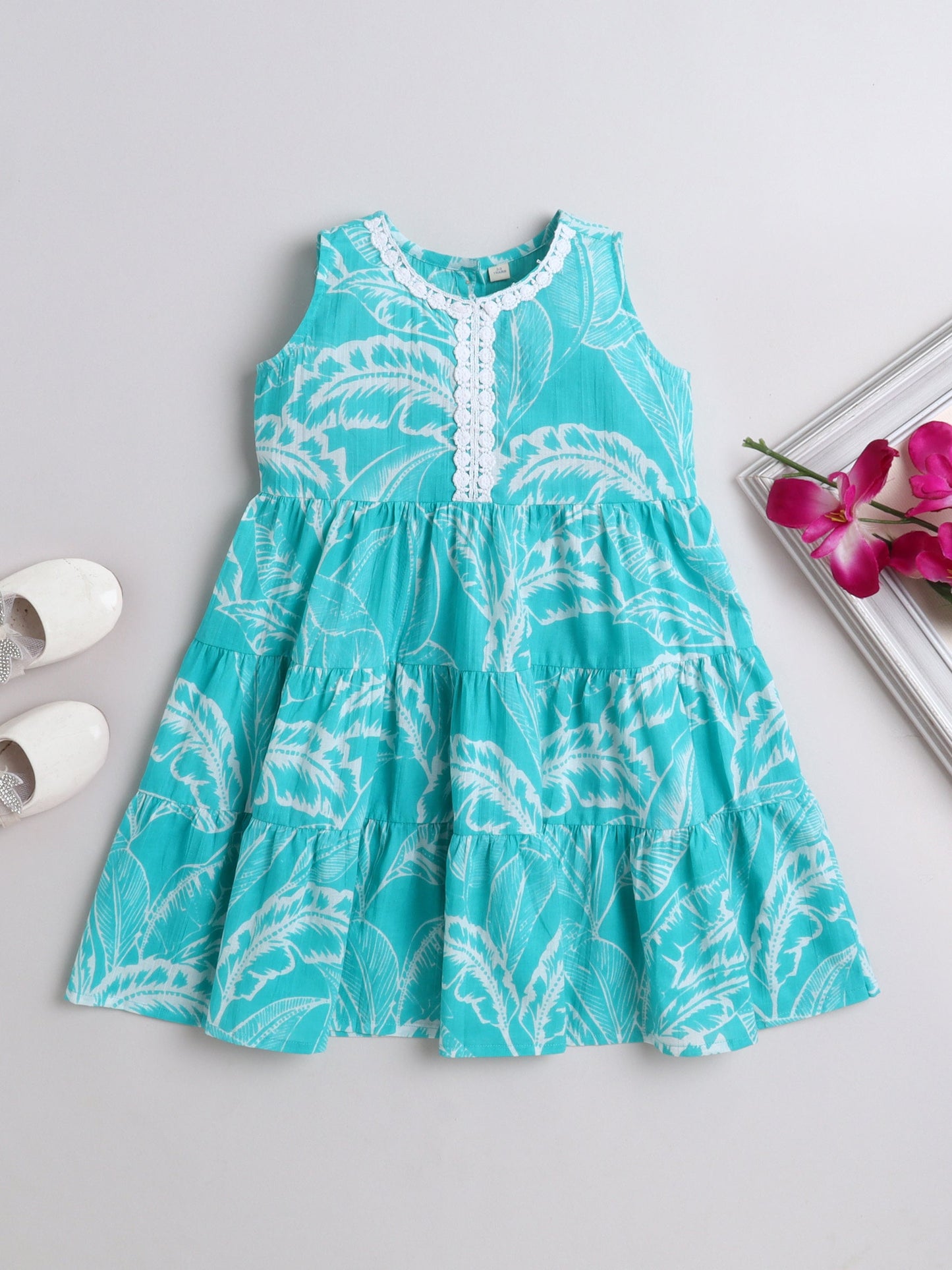 The Magic Wand Cotton Sleevless All Over Printed Lace Embellished Dress- Turquoise