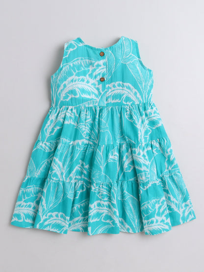 The Magic Wand Cotton Sleevless All Over Printed Lace Embellished Dress- Turquoise