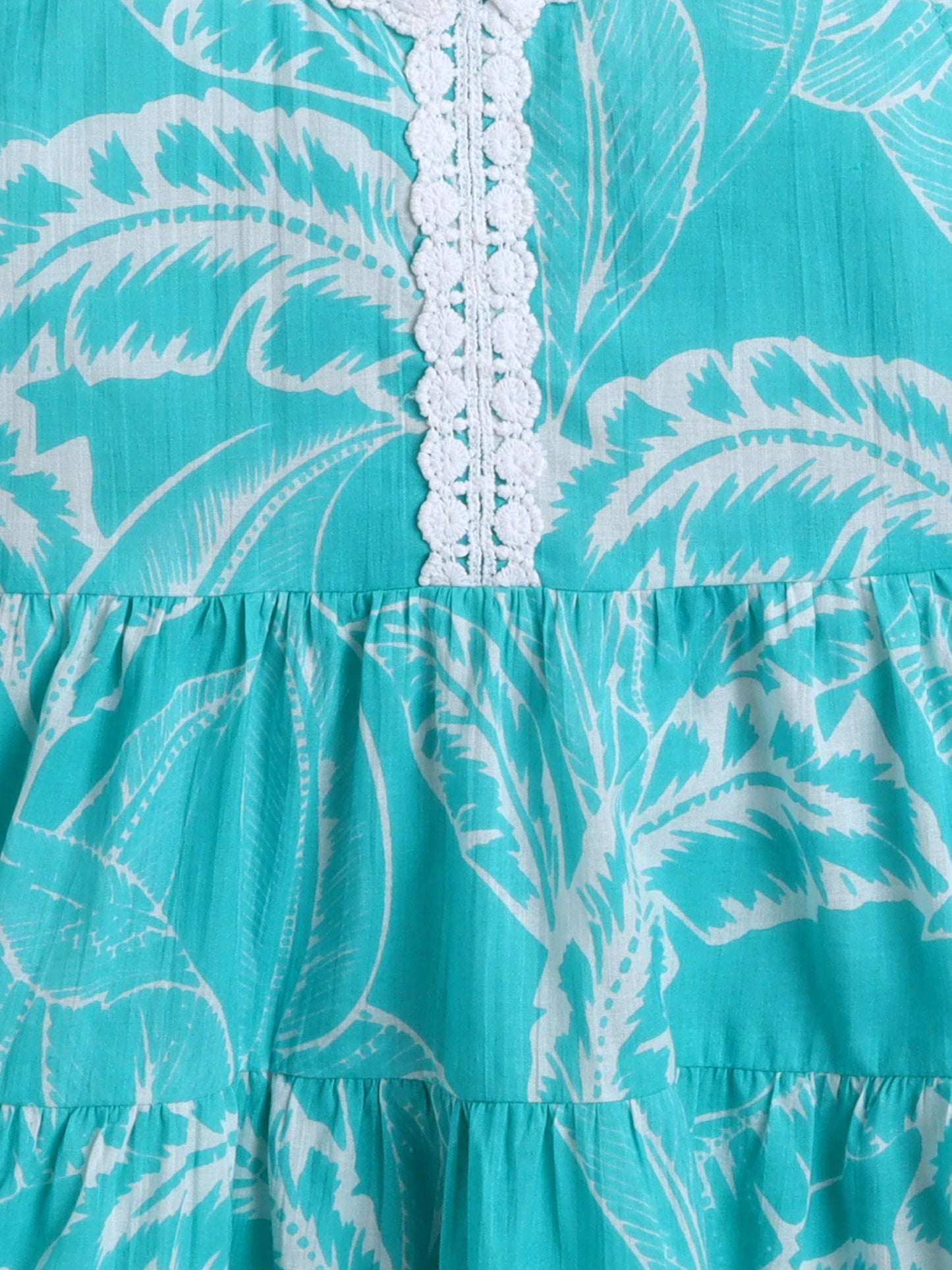 The Magic Wand Cotton Sleevless All Over Printed Lace Embellished Dress- Turquoise