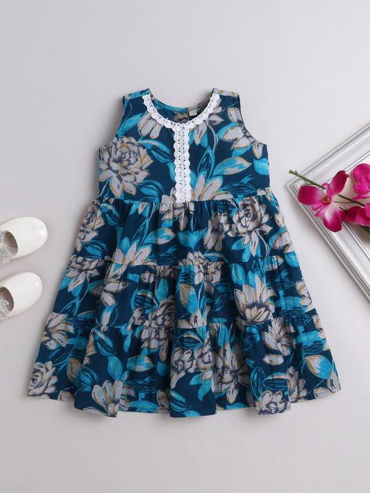 The Magic Wand Cotton Sleevless All Over Printed Lace Embellished Dress-Navy Blue