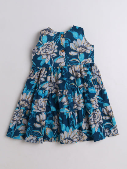 The Magic Wand Cotton Sleevless All Over Printed Lace Embellished Dress-Navy Blue
