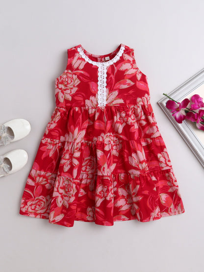 The Magic Wand Cotton Sleevless All Over Printed Lace Embellished Dress-Red