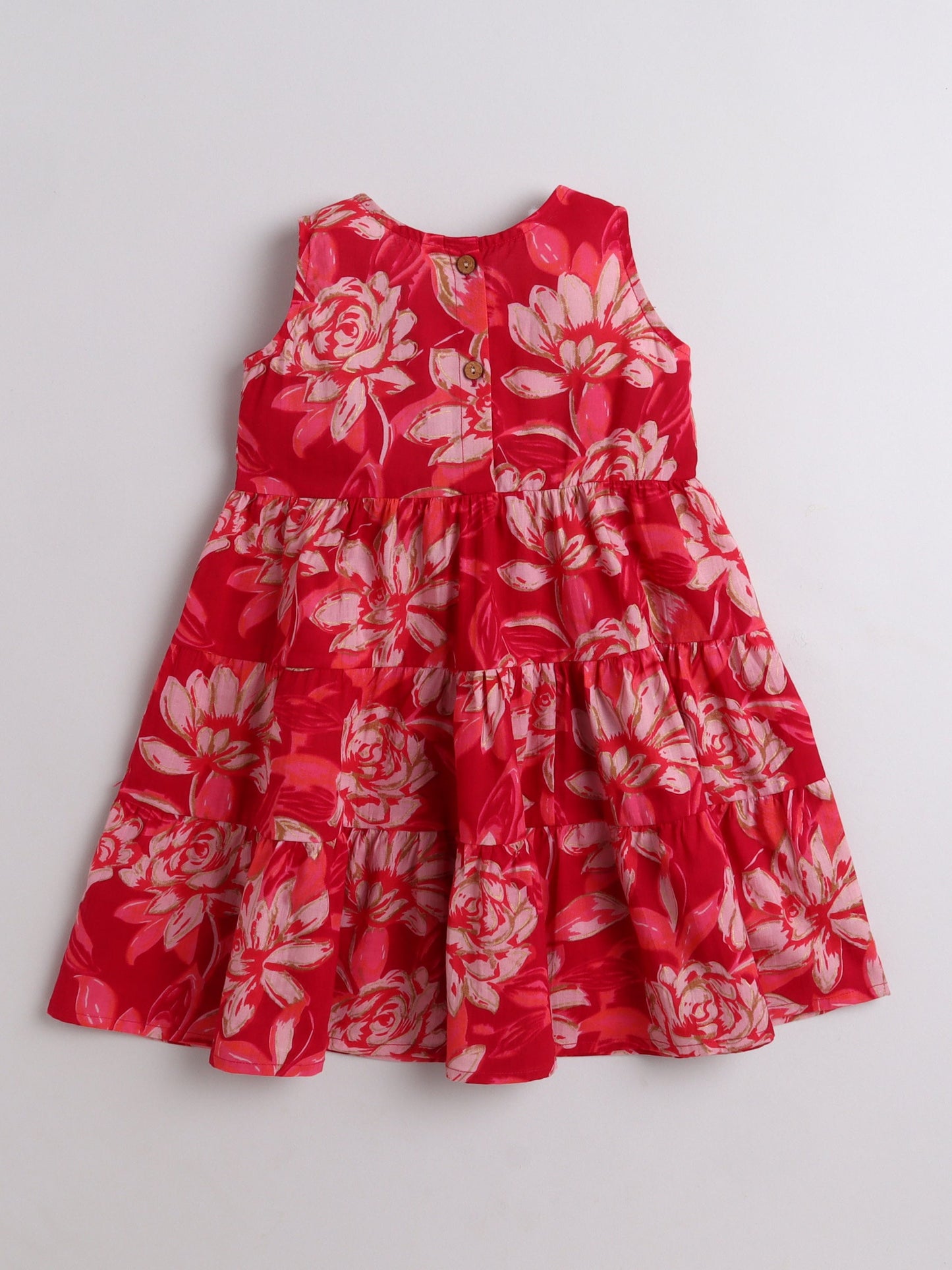 The Magic Wand Cotton Sleevless All Over Printed Lace Embellished Dress-Red