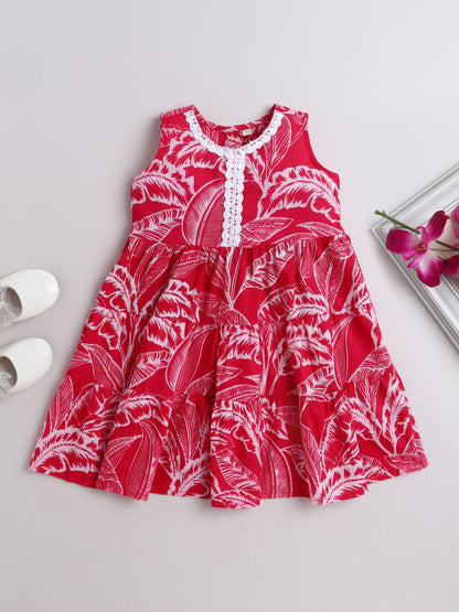 The Magic Wand Cotton Sleeveless All Over Printed Lace Embellished Dress- Fuchsia