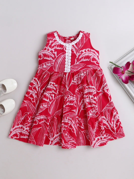 The Magic Wand Cotton Sleeveless All Over Printed Lace Embellished Dress- Fuchsia