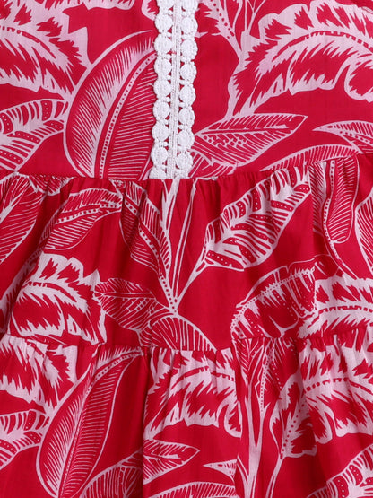 The Magic Wand Cotton Sleeveless All Over Printed Lace Embellished Dress- Fuchsia