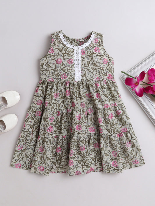 The Magic Wand Cotton Sleevless All Over Printed Lace Embellished Dress -Grey