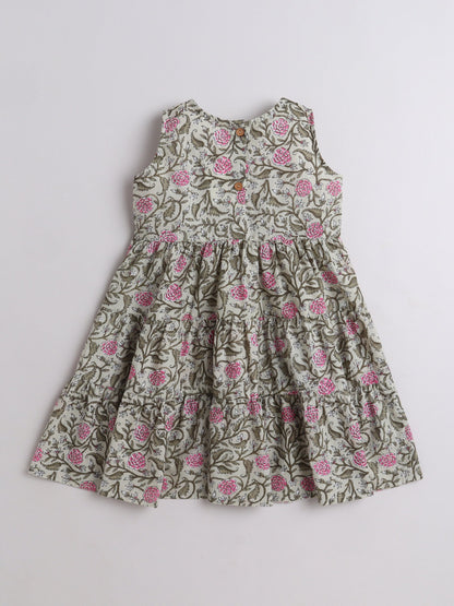 The Magic Wand Cotton Sleevless All Over Printed Lace Embellished Dress -Grey