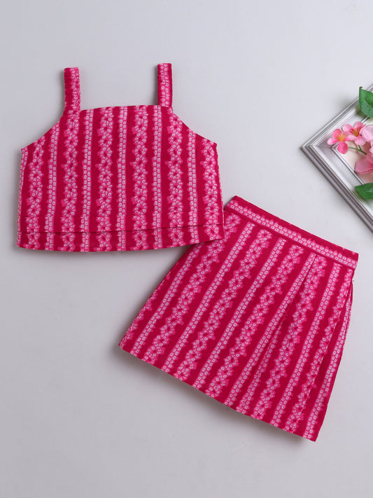 The Magic Wand Cotton Strappy All Over Printed Top and Skirt Set- Fuchsia