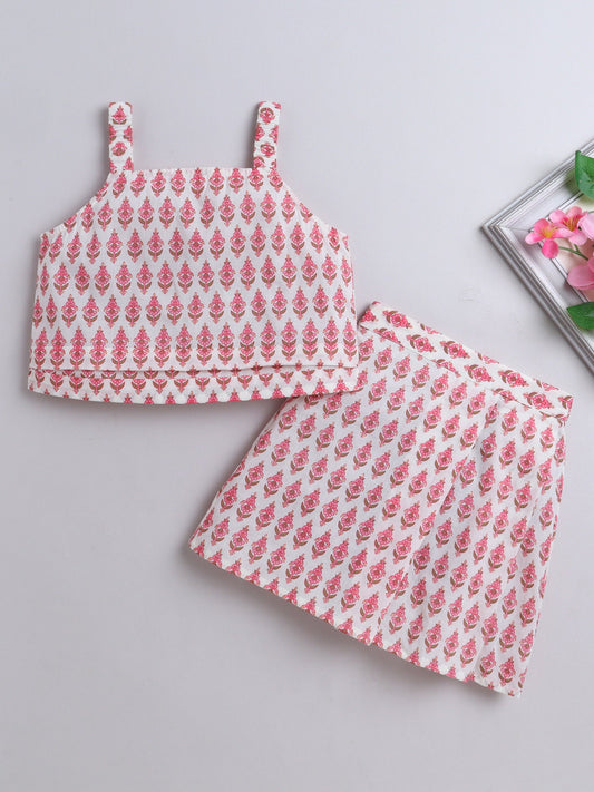 The Magic Wand Cotton Strappy All Over Printed Top and Skirt Set- Pink