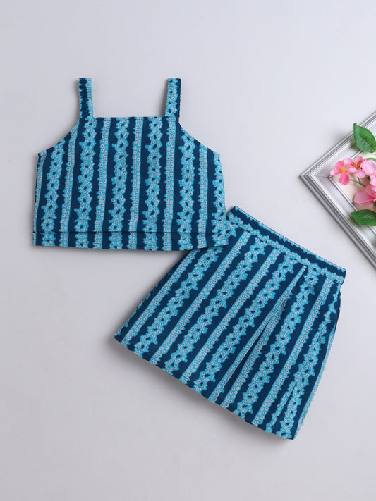 The Magic Wand Cotton Strappy All Over Printed Top and Skirt Set-n Teal Blue