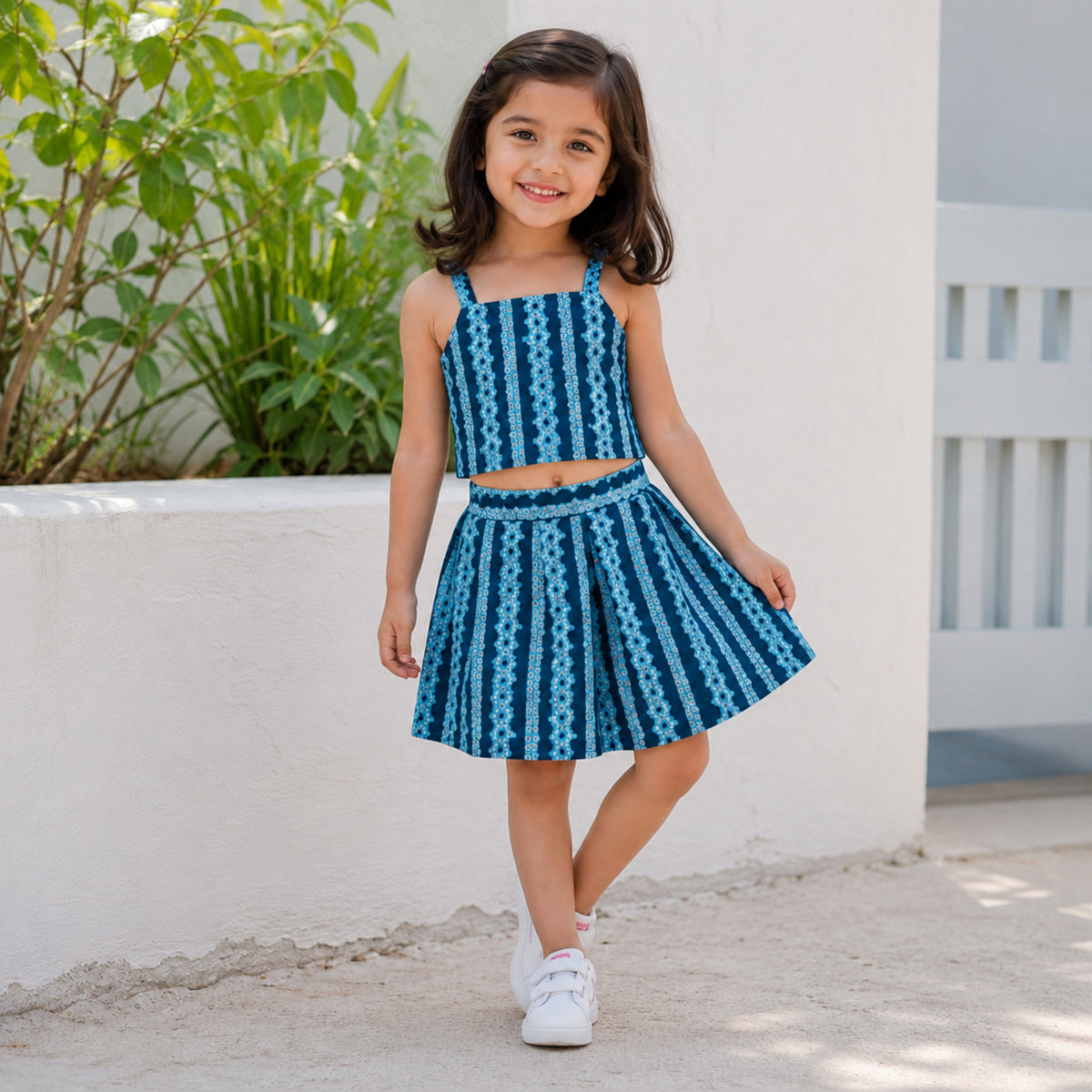 Cotton Strappy All Over Printed Top and Skirt Sets-Teal Blue